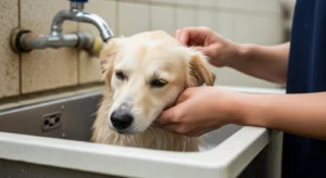 Calm dog being bathed in outdoor sink environment dog taking bath in outdoor sink