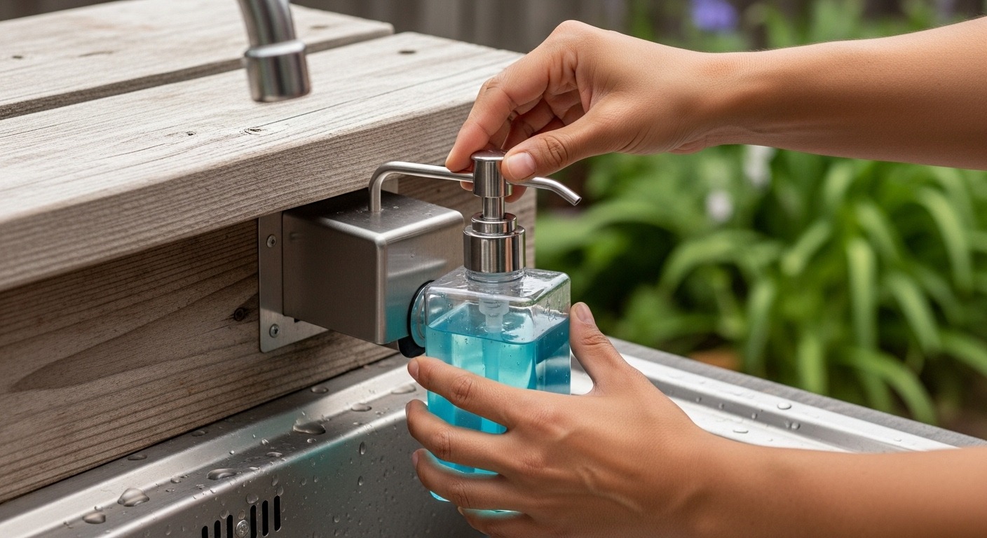 Attaching soap container to installed dispenser under outdoor sink