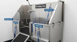Safety features of pet washing station including restraint points