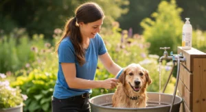 Happy pet owner using outdoor sink with ease