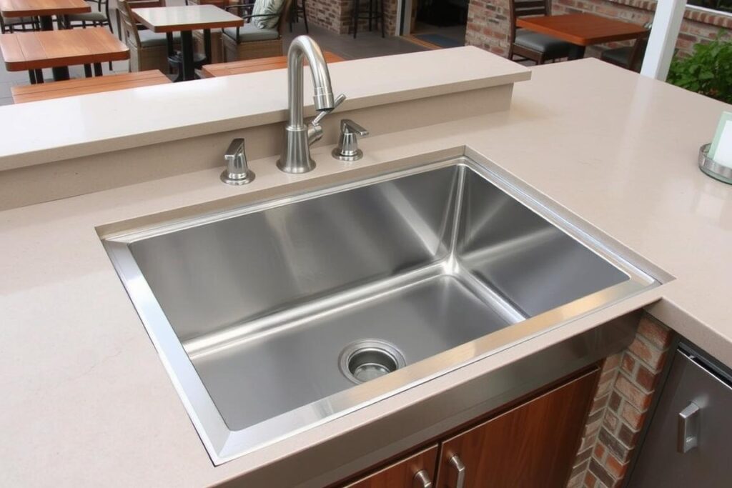 Built-in commercial-grade outdoor sink for restaurant countertop installation