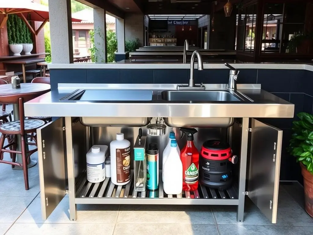 Commercial-grade outdoor sink for restaurants with undershelf storage Commercial-grade outdoor sink for restaurants with undershelf storage