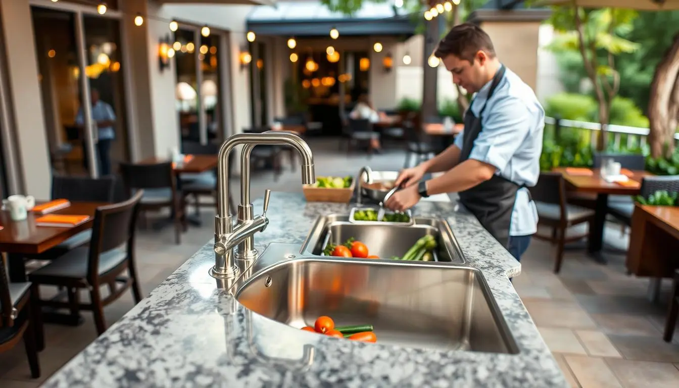Commercial-grade outdoor sink installed in a restaurant patio area with staff using it for food preparation
