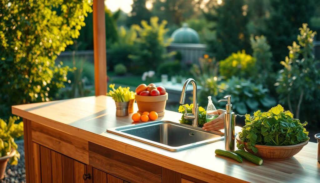 Completed outdoor sink setup with installed soap dispenser being used