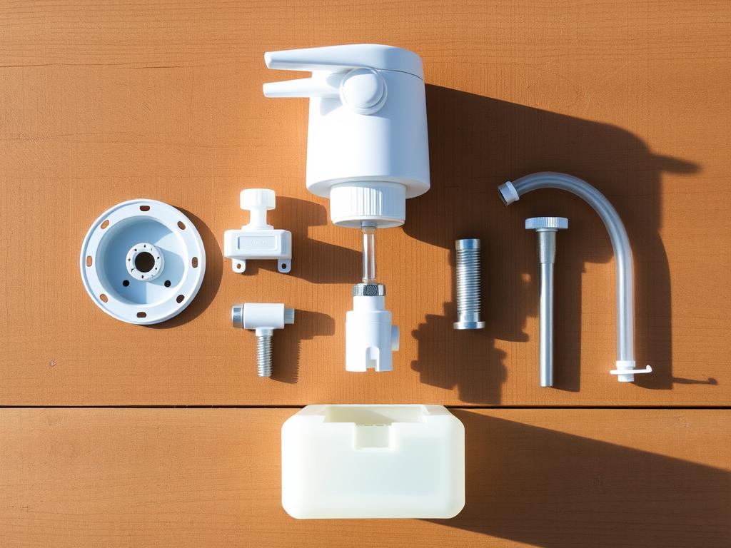 Components of an outdoor soap dispenser laid out before assembly