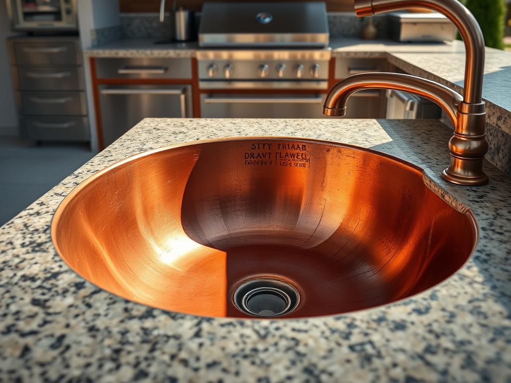 Copper outdoor sink showing natural patina development in an outdoor kitchen setting