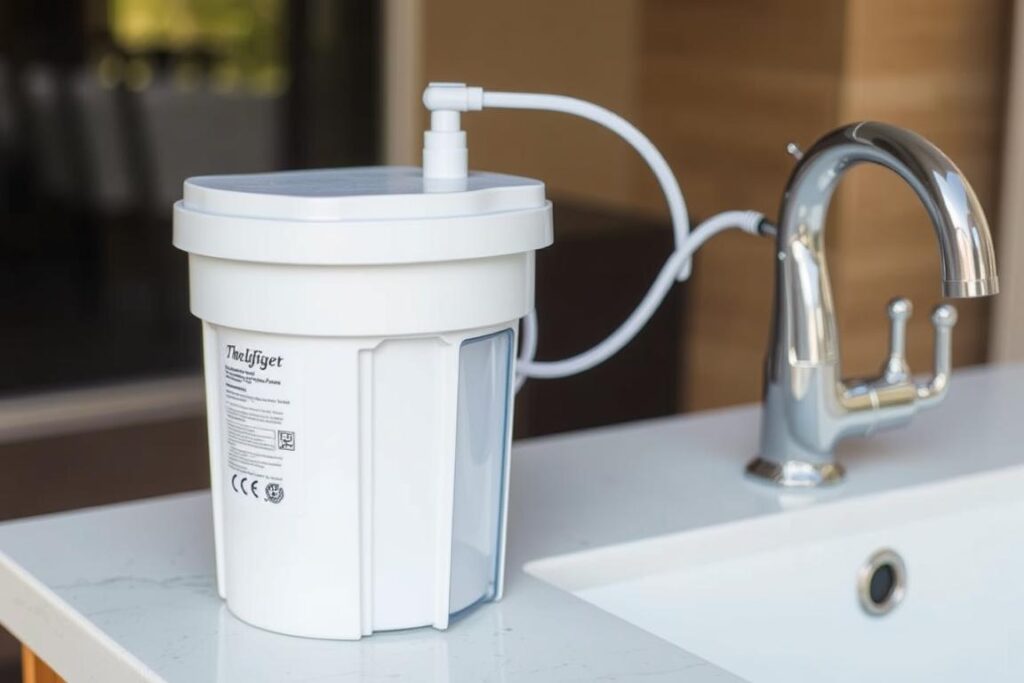 Countertop water filter connected to outdoor faucet