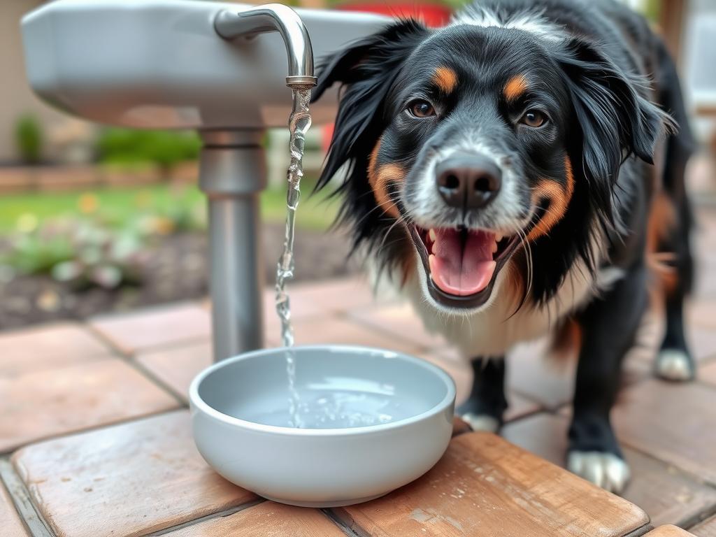 Dog drinking from bowl filled with filtered water outdoors