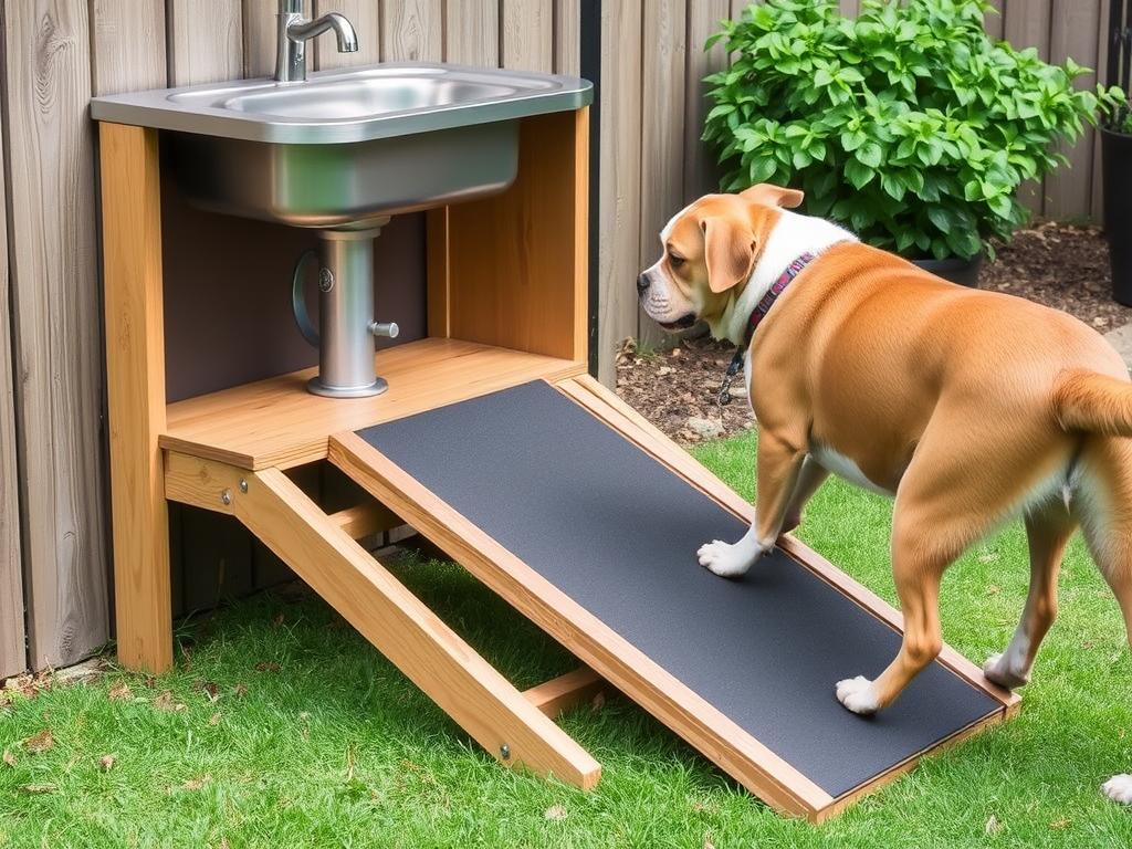 Dog using ramp to access elevated outdoor pet sink