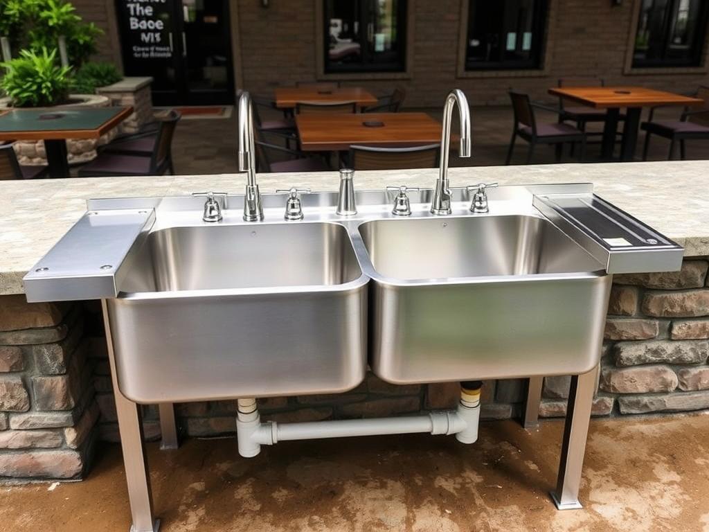 Double bowl commercial-grade outdoor sink for restaurants with drainboard