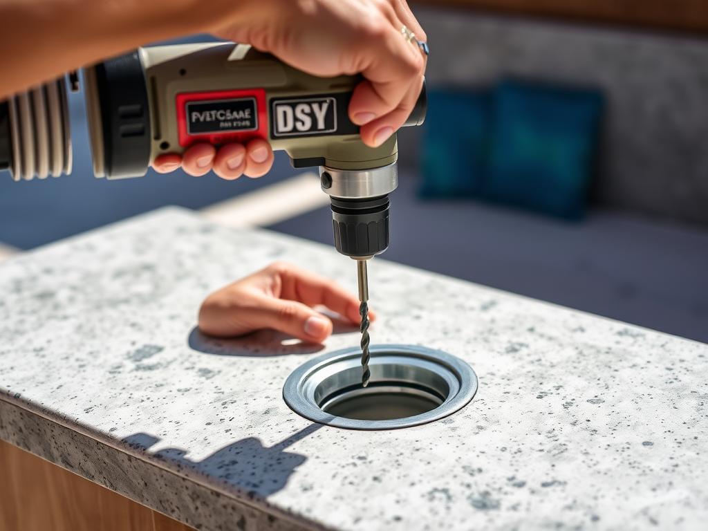 Drilling a hole in outdoor sink countertop for soap dispenser installation