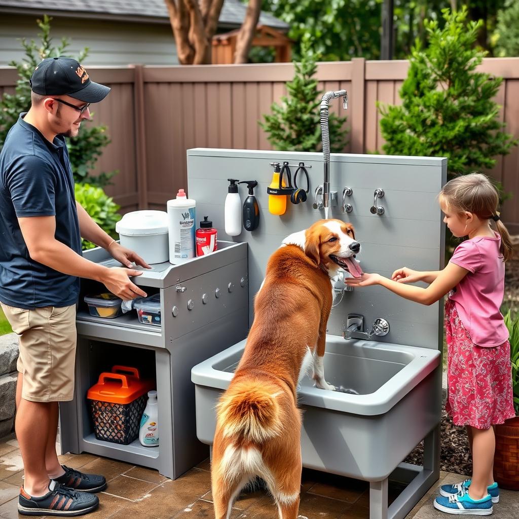 Family with multiple pets using large outdoor washing station
