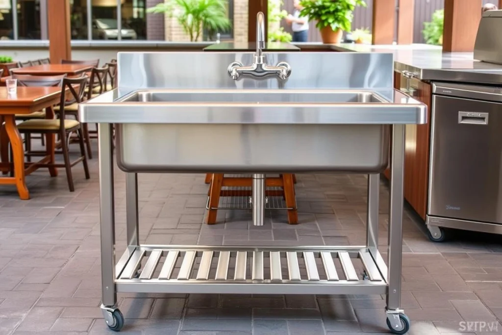 Freestanding commercial-grade outdoor sink for restaurant with storage shelf Freestanding commercial-grade outdoor sink for restaurant with storage shelf