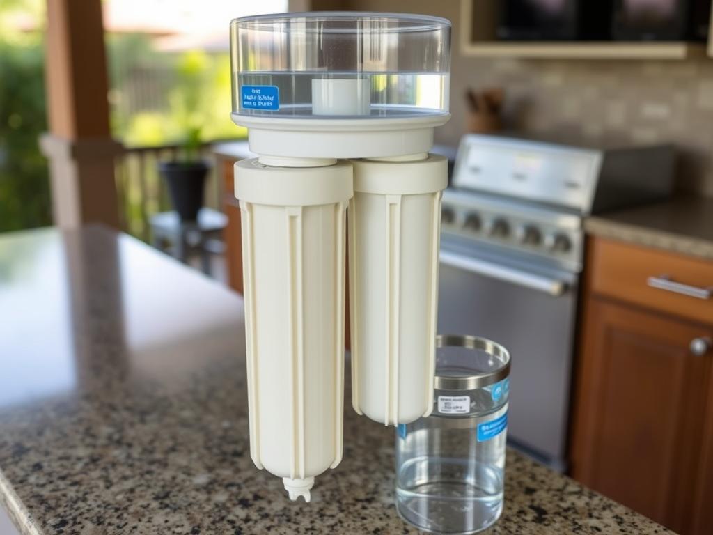 Gravity-fed water filter system in outdoor kitchen setting