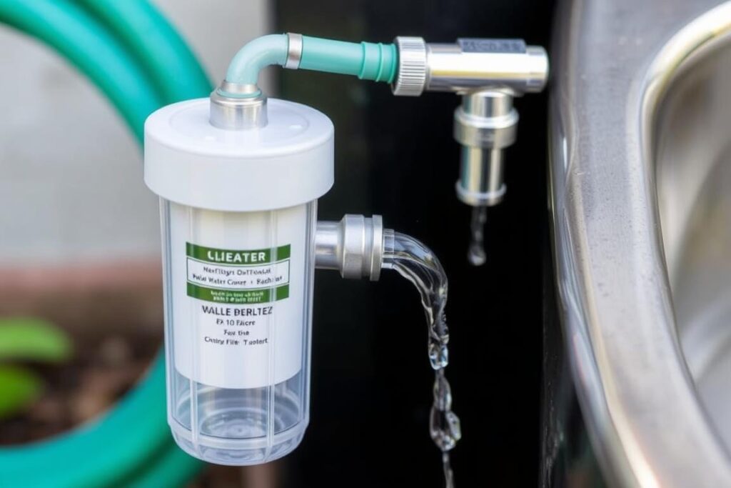 Inline hose filter connected to outdoor water source