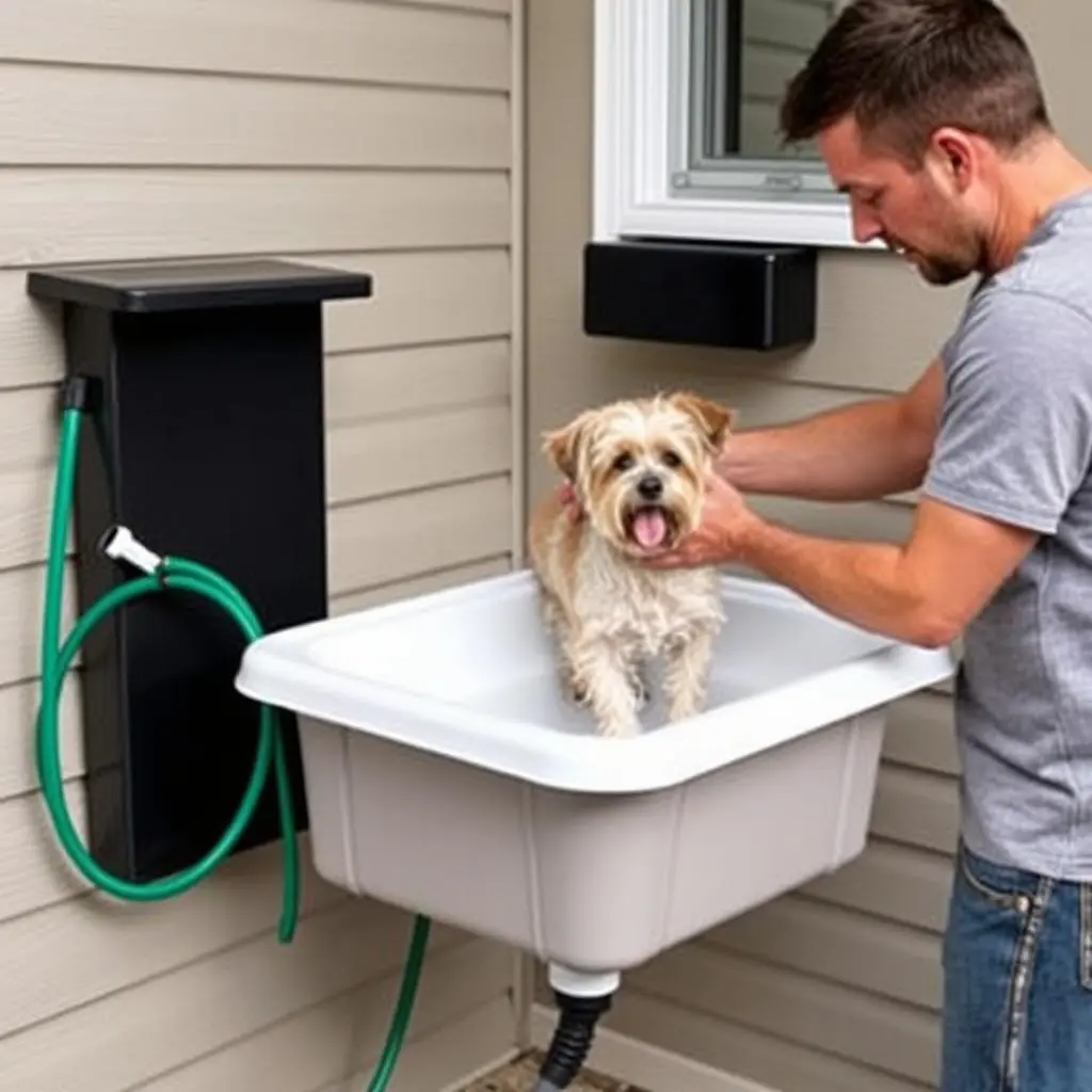 Man washing small dog in wall-mounted outdoor sink Man washing small dog in wall-mounted outdoor sink
