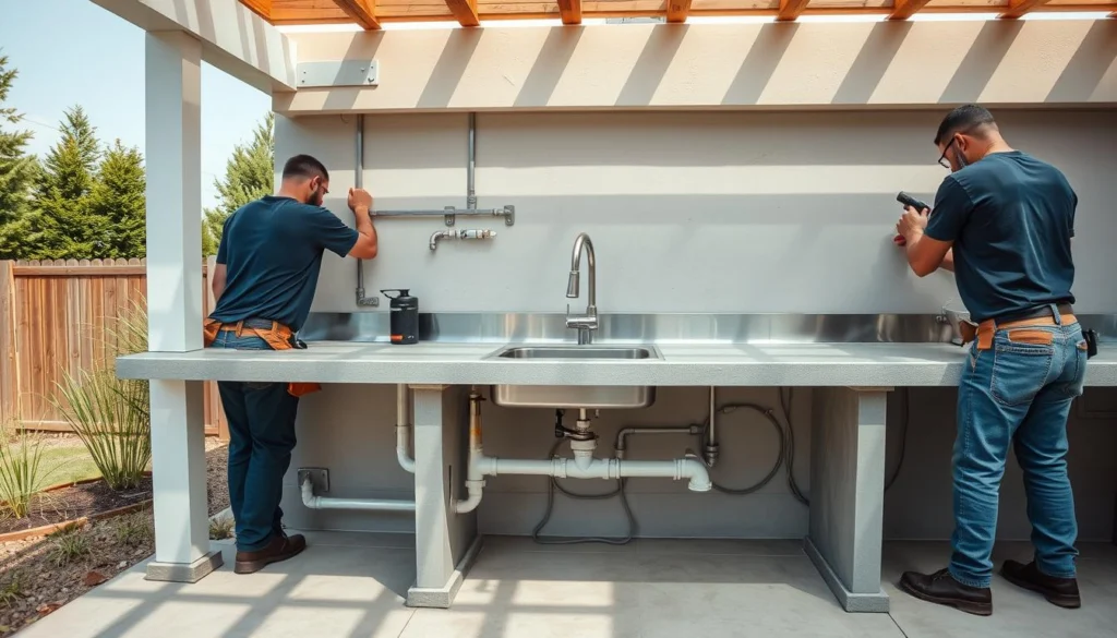 Outdoor kitchen installation showing important sink placement and design considerations Outdoor kitchen installation showing important sink placement and design considerations