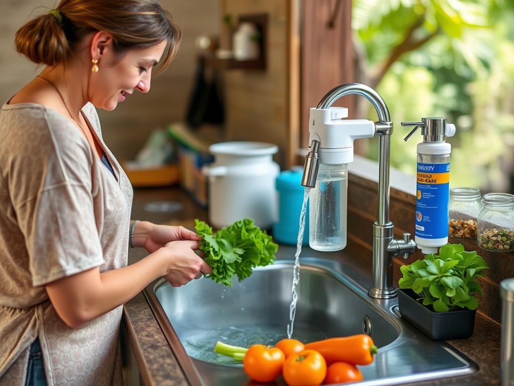 Outdoor kitchen with sink filtration system being used for food preparation