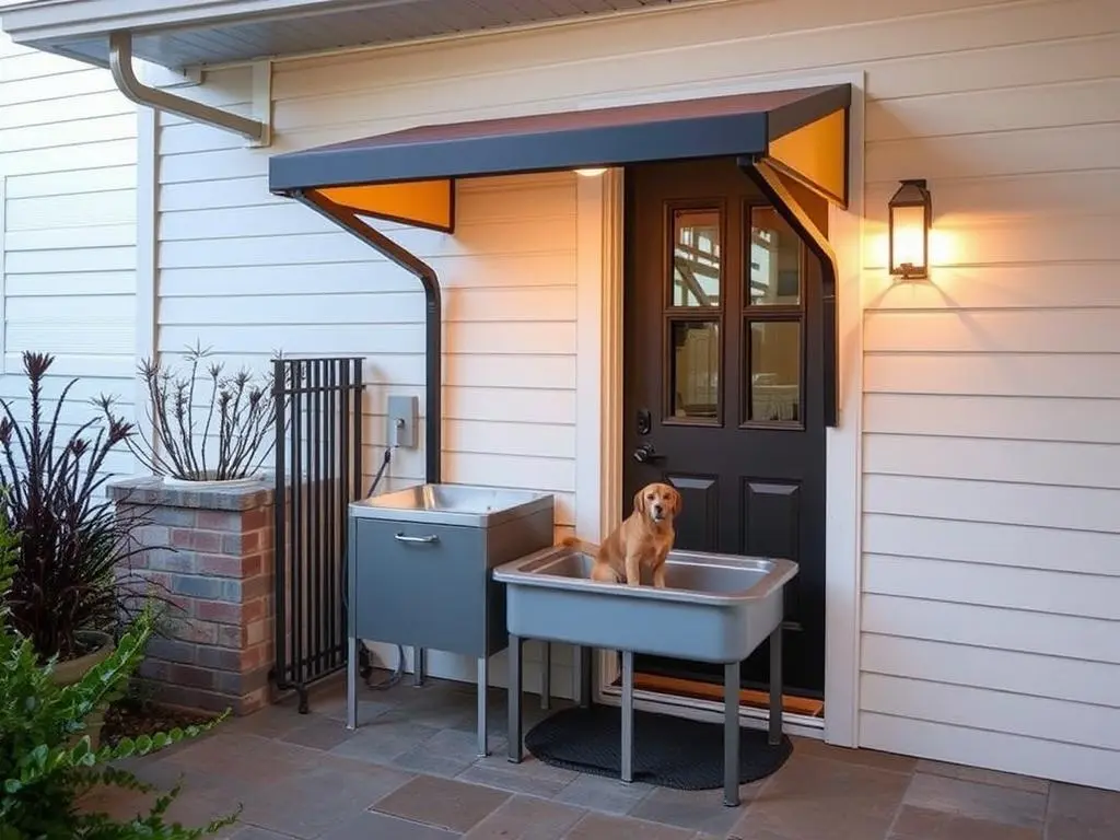 Outdoor pet sink installed near home entrance with good lighting Outdoor pet sink installed near home entrance with good lighting