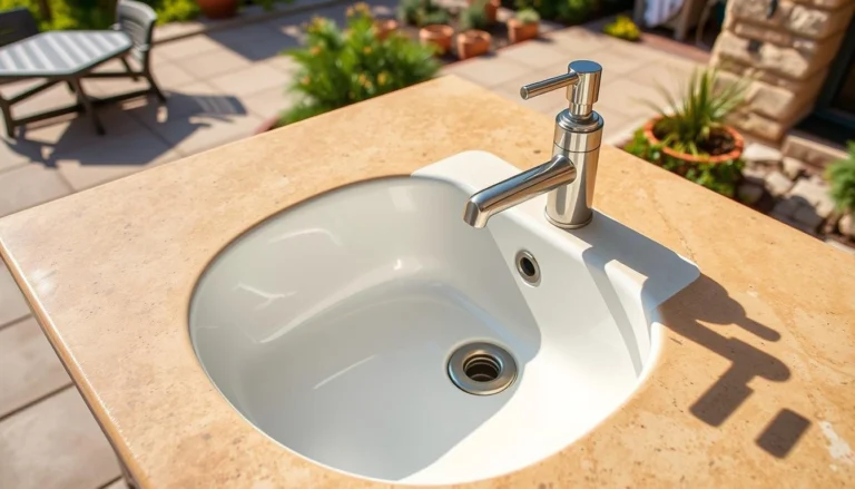 Outdoor sink with installed soap dispenser in a garden setting