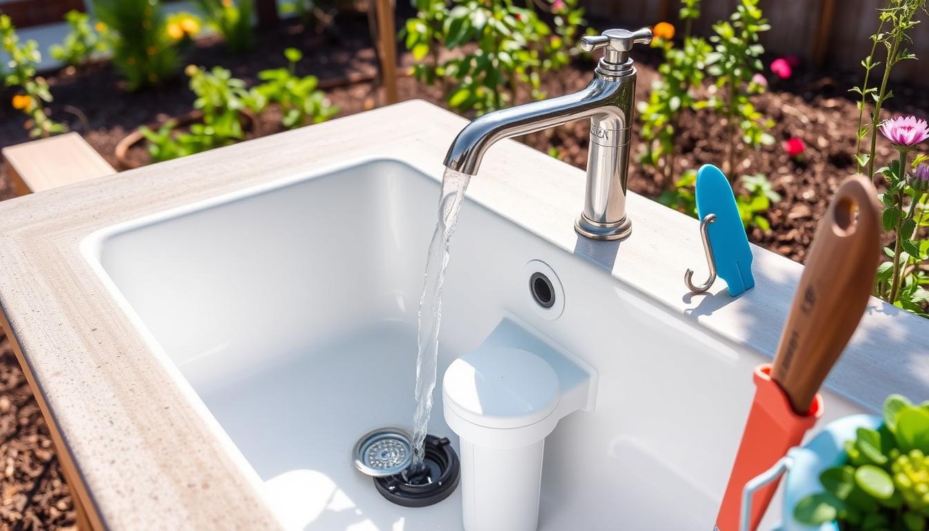 Outdoor sink with installed water filtration system in a garden setting