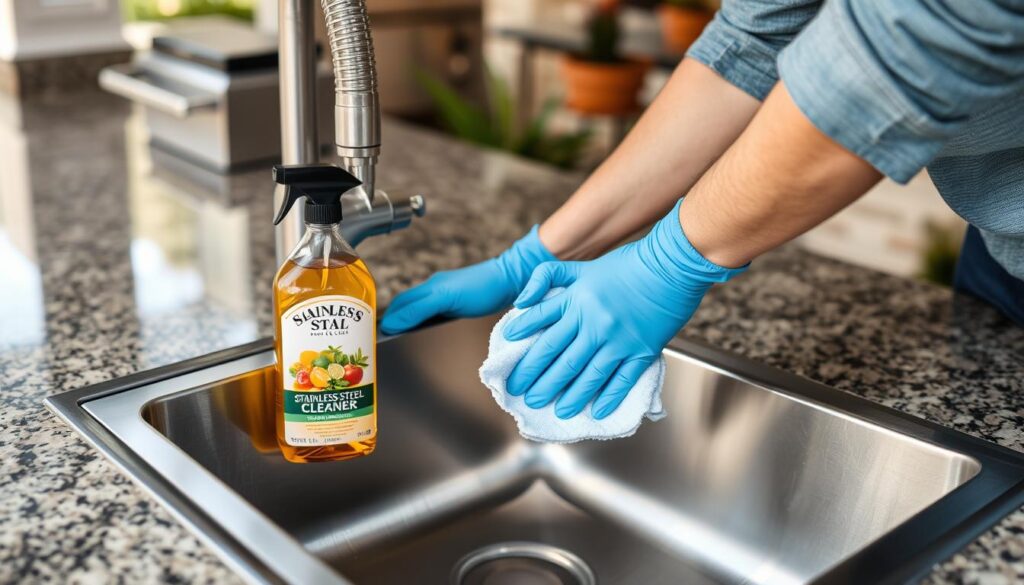 Person cleaning and maintaining an outdoor stainless steel sink with proper supplies
