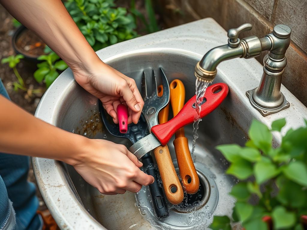 Person cleaning garden tools with filtered water