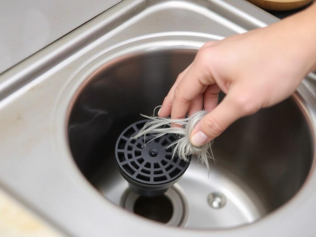 Person cleaning hair trap filter on outdoor pet sink