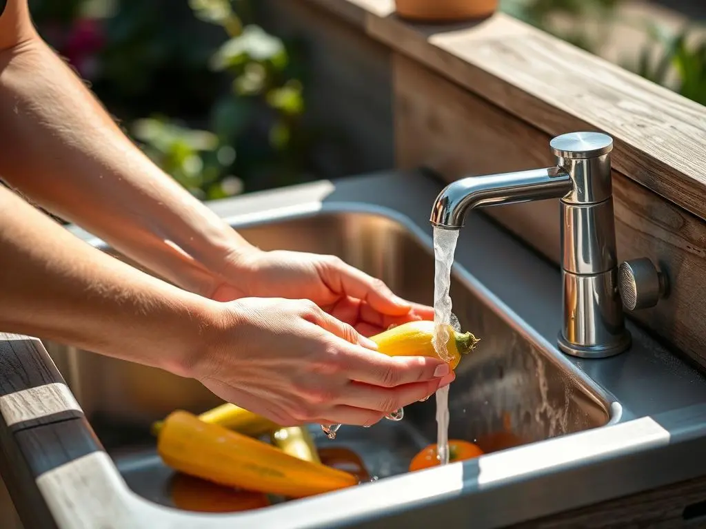 Person using an outdoor sink with built-in soap dispenser Person using an outdoor sink with built-in soap dispenser