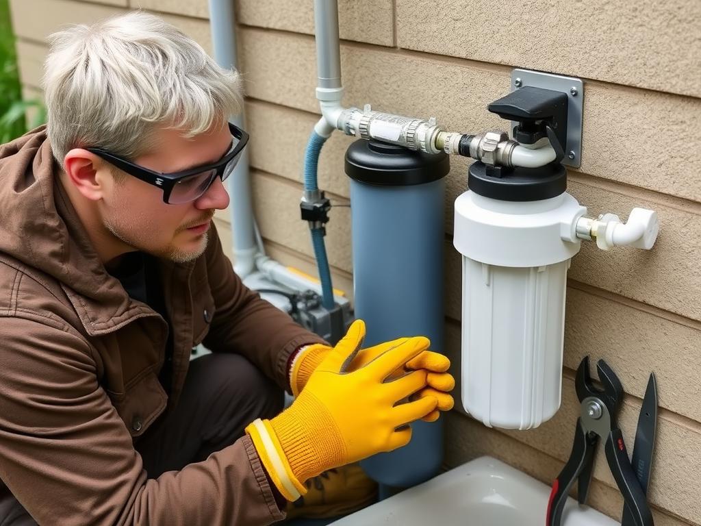 Person wearing safety gear while working on outdoor plumbing