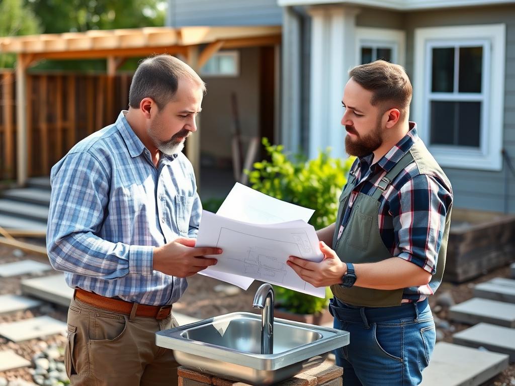 Professional contractor discussing pet sink installation with homeowner
