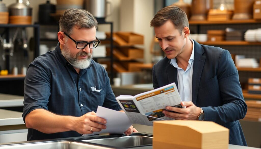 Restaurant owner reviewing commercial-grade outdoor sink options and pricing