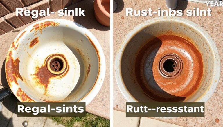 Rusted outdoor sink showing damage from weather exposure compared to a rust-resistant model