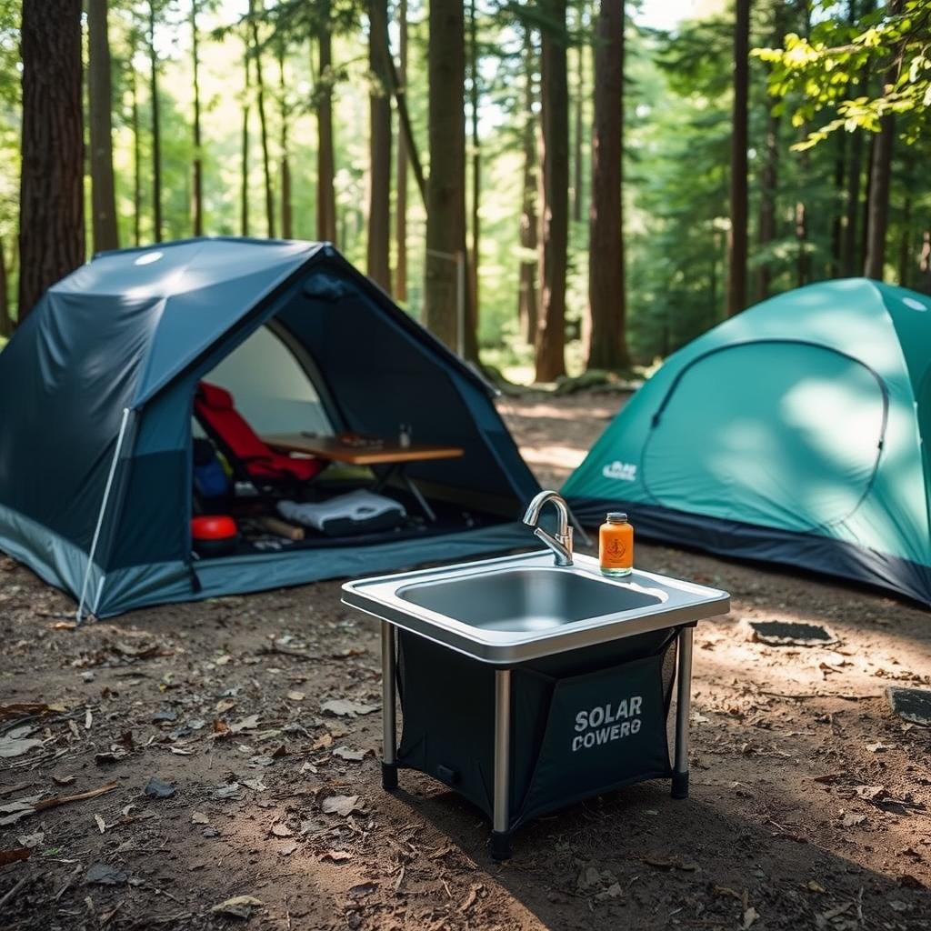 Solar-powered outdoor sink at a camping site