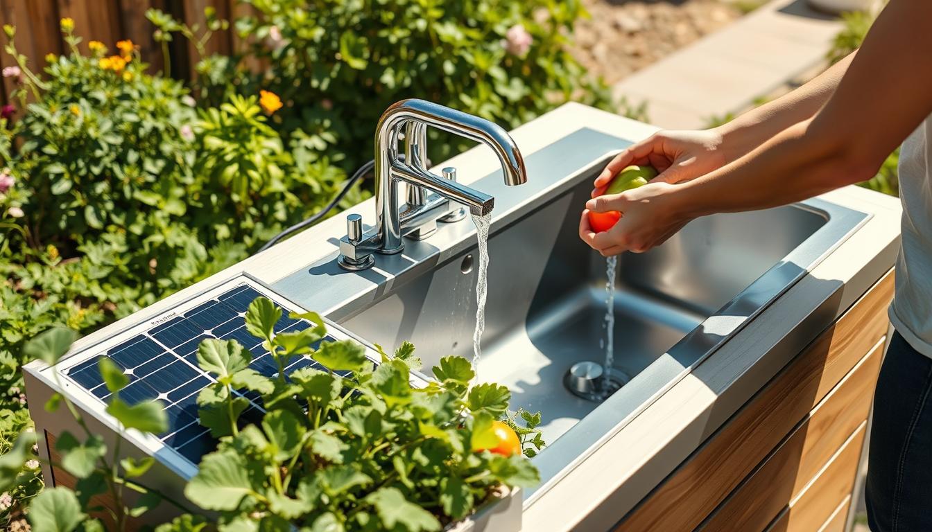 Solar-powered outdoor sink being used in a garden setting with solar panels visible