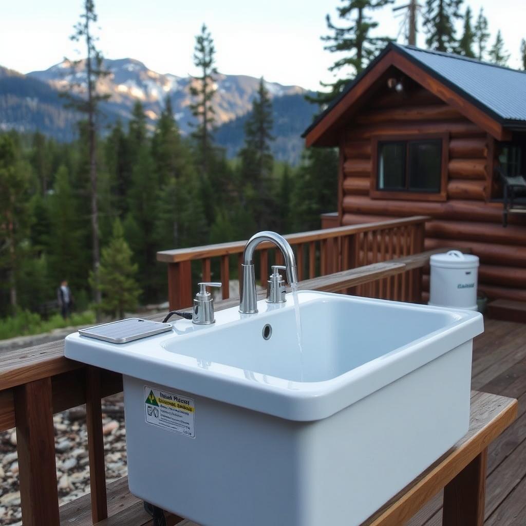 Solar-powered sink at a remote cabin location