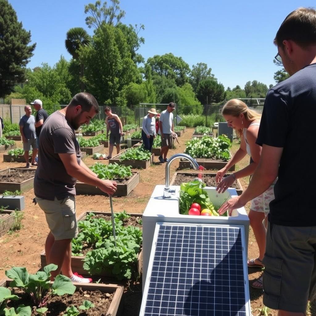Solar-powered sink in a community garden setting
