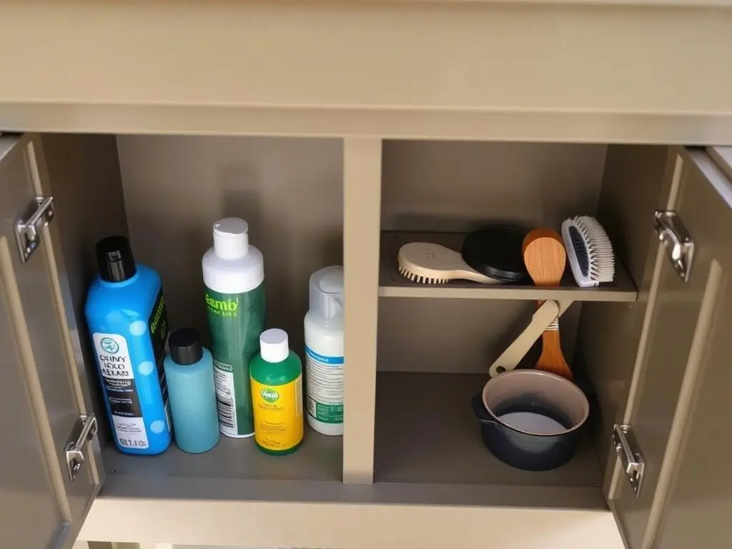 Storage compartments on outdoor pet washing station Storage compartments on outdoor pet washing station