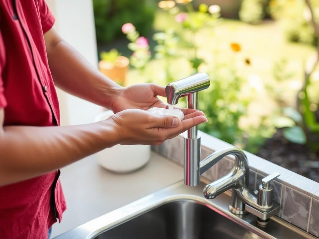 Testing newly installed soap dispenser on outdoor sink