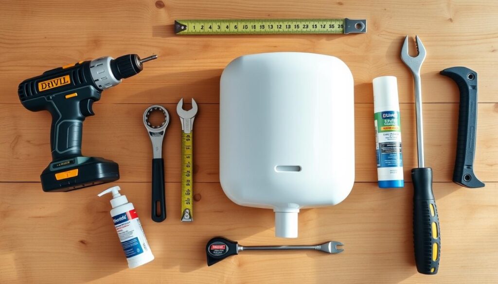 Tools and materials needed for installing a soap dispenser on outdoor sink