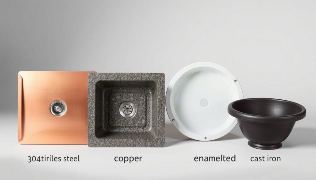 Various rust-resistant sink materials displayed side by side showing different finishes and textures