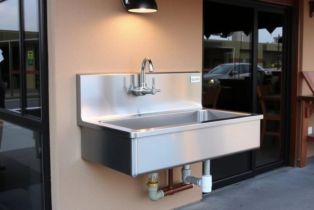 Wall-mounted commercial-grade outdoor sink for restaurant installation