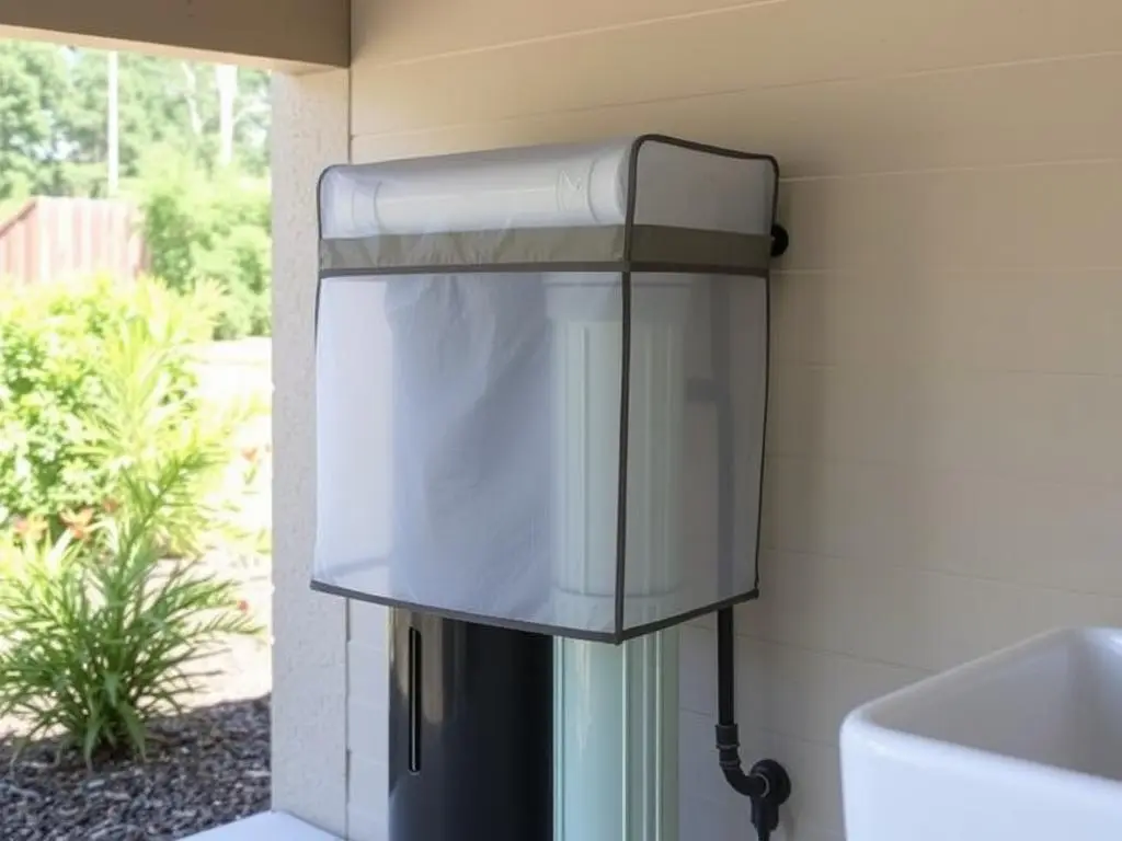 Water filter with UV-resistant cover in outdoor setting Water filter with UV-resistant cover in outdoor setting