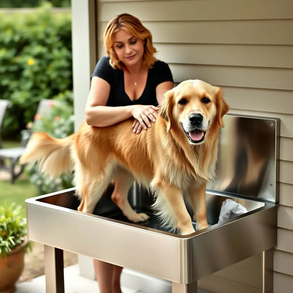 Woman washing large dog in outdoor stainless steel sink Woman washing large dog in outdoor stainless steel sink