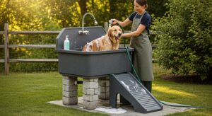 Person washing dog at ergonomic height in outdoor sink