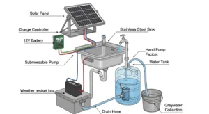 the components of a solar-powered outdoor sink system